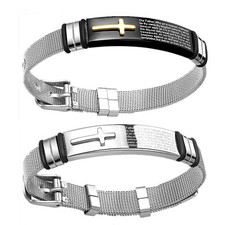 Stainless Steel Mesh Bible Prayer Cross Bracelet Bangle Adjustable for Men