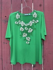 Susan Graver Liquid Knit Green Floral Shirt T...