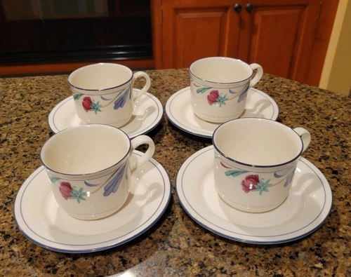 Lenox Chinastone Poppies On Blue Coffee Cups and Saucers - set of 4 (a)