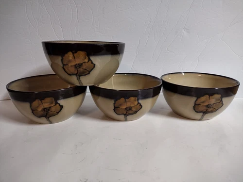 Set Of 4 Pfaltzgraff Painted Poppies 6" Cereal Soup Bowls Beige Floral