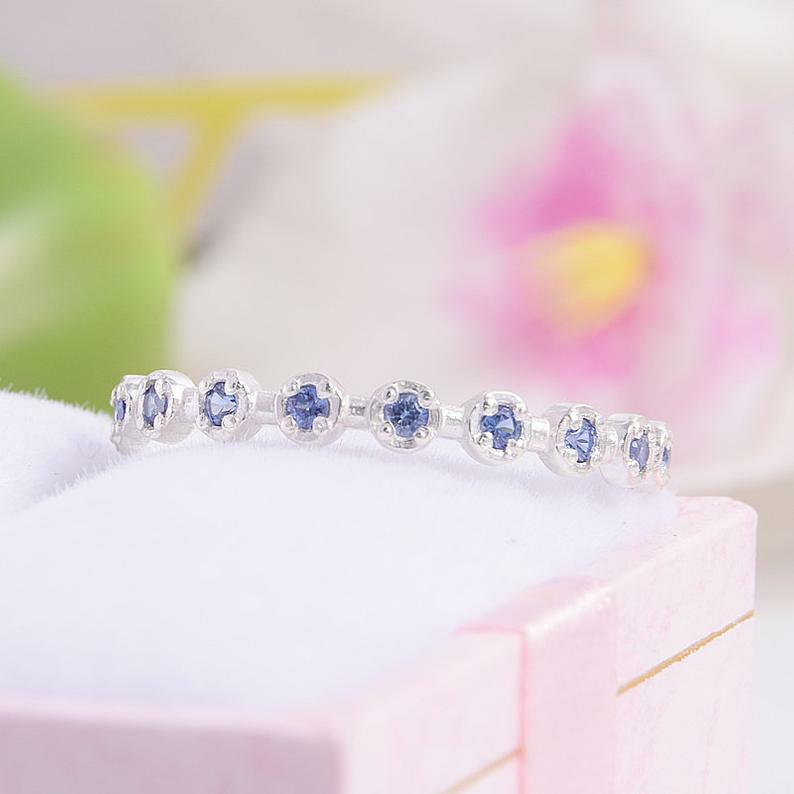 Blue Tanzanite Half Eternity Wedding Band Ring 925 Sterling Silver