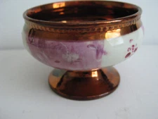 COPPER LUSTER POTTERY PEDESTAL MASTER OPEN SALT CELLAR w/PURPLE & WHITE BAND