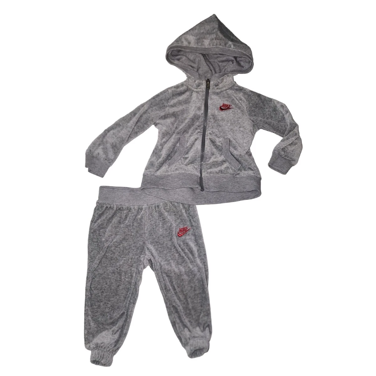 Nike Little Girls Velour Hoodie & Jogger Set Track Suit Grey Hot Pink 18  Months