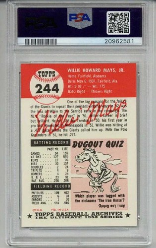 1991 TOPPS ARCHIVES 1953 REPRINT #244 WILLIE MAYS GIANTS PSA 10 LOW POP RARE - Picture 2 of 2