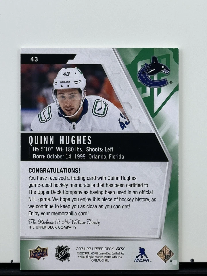 2021-22 Upper Deck SPX Hockey #43 Quinn Hughes Game-Used Memorabilia - Image 2 of 2