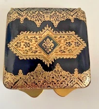 Vintage Italian Florentine Tooled Navy Blue Leather Compact Gold Toned Embossed