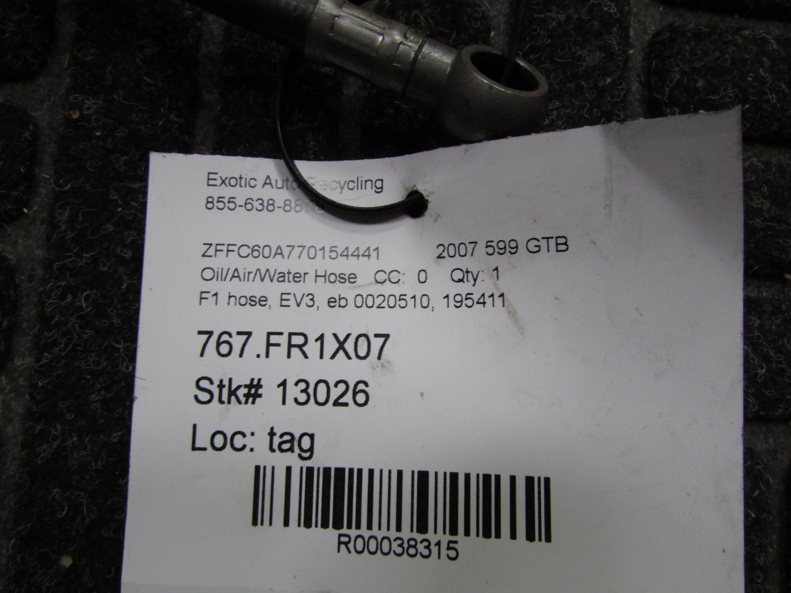 Ferrari 599 GTB, 612 Scaglietti, F1 Hydraulic Oil Hose, EV3, Used, P/N 195411