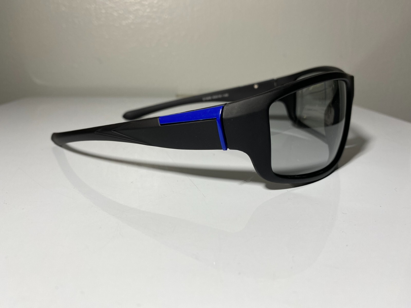 Men’s Black Frame Riding Sunglasses with Blue Trim & Gray Lenses