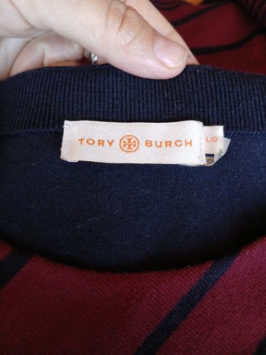 Tory Birch Red Agate Line Struped Wool Assymetrical Rew Neck Size Large - Picture 10 of 11
