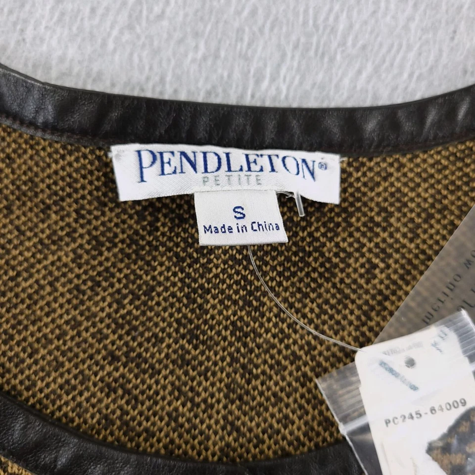 Suéter Pendleton Mujer Pequeño Pequeño Marrón Glen Cuadros Lana Merino Borde de Cuero Foto 4 de 4