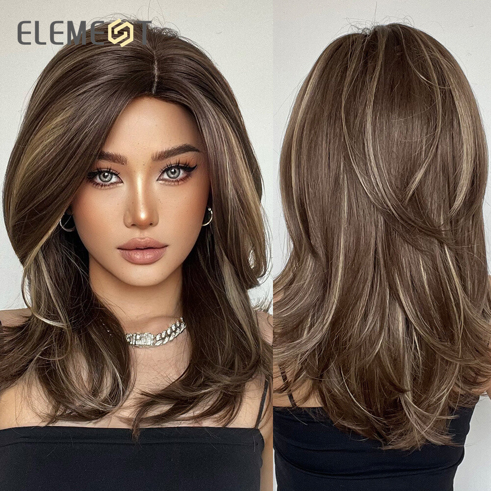 Medium Length Brown Wig With Side Bangs ELEMENT Soft Hair Wigs