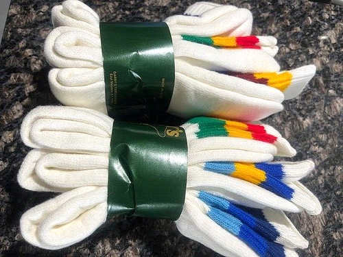 6 PAIR GARRYS FAMOUS Vintage ORLON Crew SOCKS WHITE WITH Stripes MADE IN THE USA