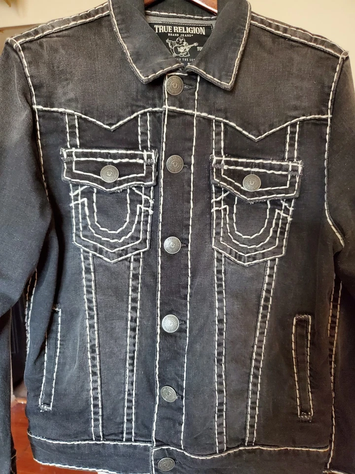 Chaqueta Jean True Religion Rara Nueva Talla Pequeña Rara GRIS ASFALTO OSCURO LAVADO Foto 4 de 4