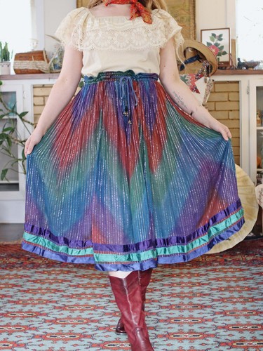 VTG Indian Cotton Gauze Skirt Lurex Stripe TieDye Indigo Blue Ribbin Trim Hippie