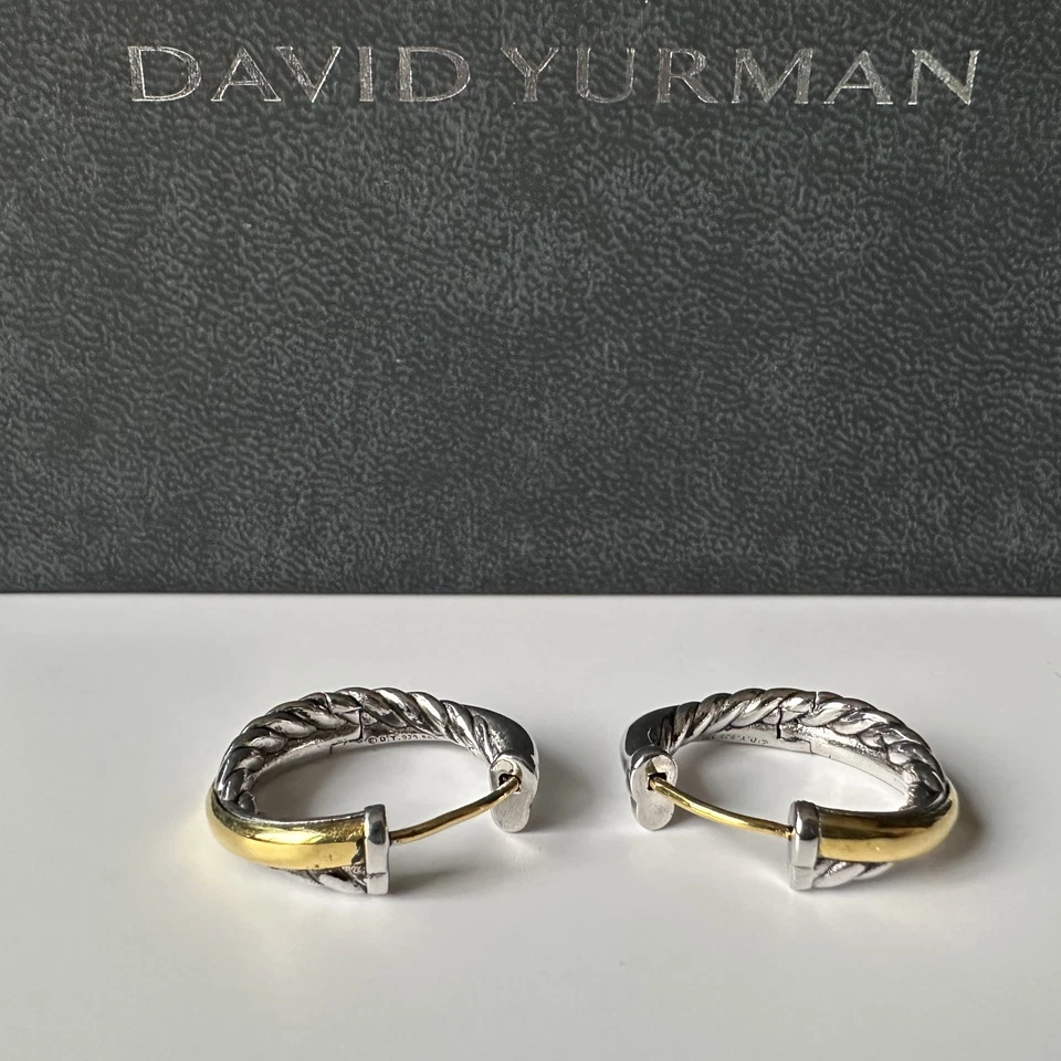 David Yurman Sterling Silver & 18k Gold Post Cable Huggie Hoop Earrings - Image 3 of 4