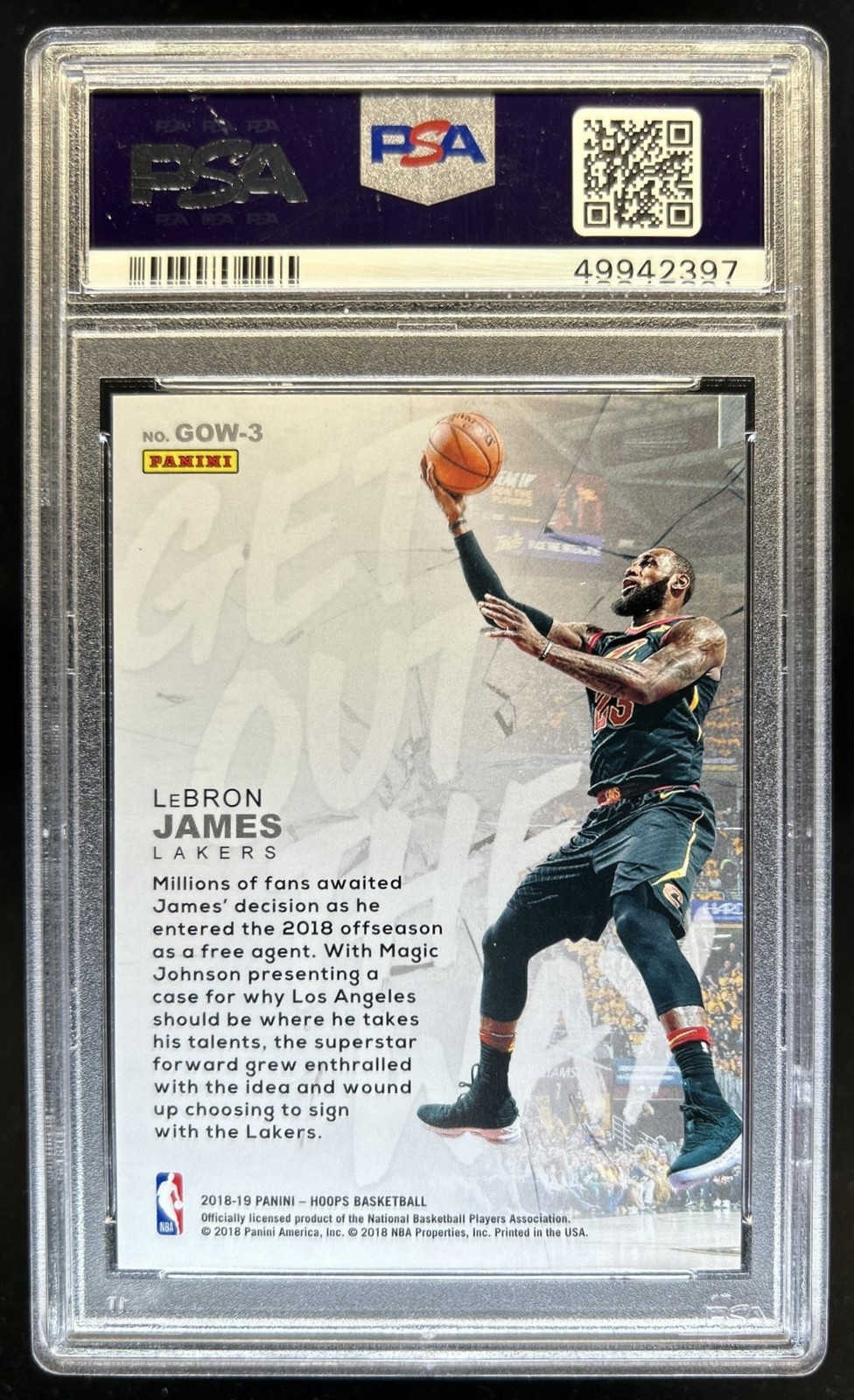 2018-19 Panini Hoops LeBron James Get Out The Way #GOW-3 Lakers PSA 9 view 2