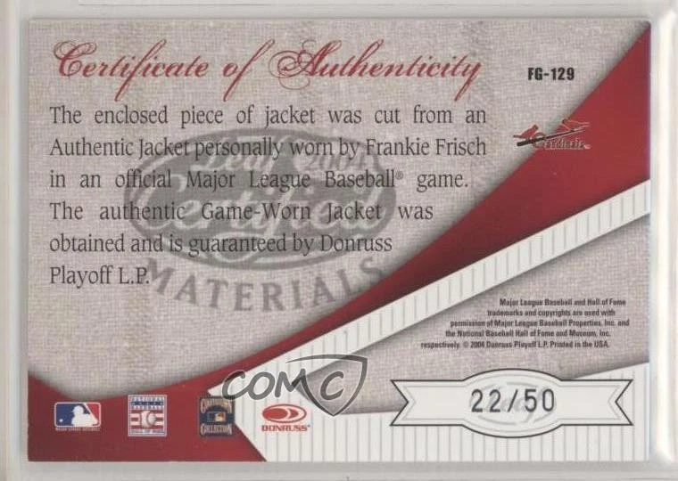 2004 Leaf Certified Materials Fabric of the Game Award /50 Frankie Frisch HOF - Image 2 of 2