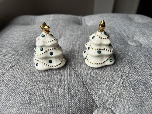 Lenox Jewels of Christmas Porcelain Salt Pepper Shakers Tree Gold Trim Green - Picture 3 of 7