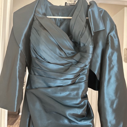 Worn Once To A Wedding-Elegant Shimmery, Flowing Bluish Gown With Short Jacket - Picture 4 of 8