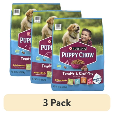 (3 pack) Purina Puppy Chow Dry Dog Food, High Protein Tender & Crunchy Real Beef