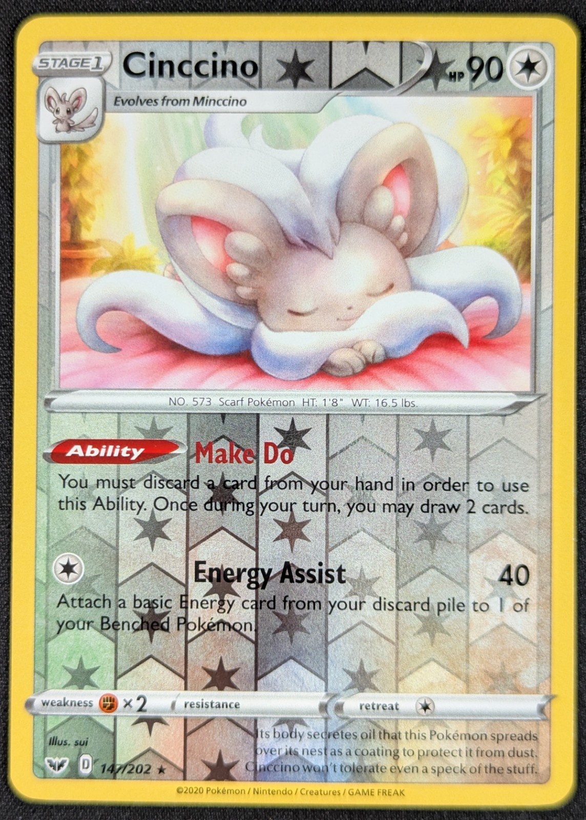 Cinccino 2020 Sword Shield Reverse Holo Rare Pokemon Card 147/202 (NM)