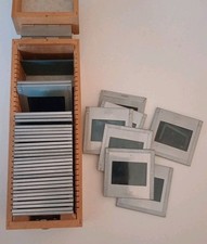 1950 Era Metal Slides Of Film Cameras Audio Visual Etc. In Wooden KODAK Box