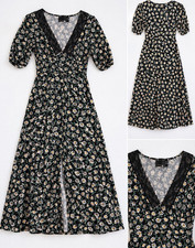 ASOS Design Black Daisy Floral Midi Dress Lace V Neck Puff Sleeve Women’s 6