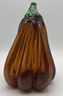 Art Glass Amber / Dark Orange Crackle Glass Pumpkin w/ Green Glass Stem 6.5 x 4 