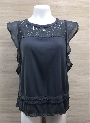 Knox Rose Boho Pheasant Blouse Flutter Sleeves Gray. Size Small