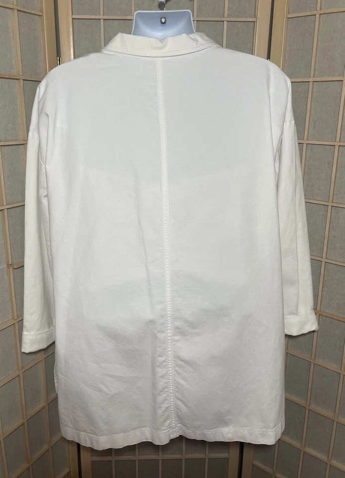 Eileen Fisher L Blanco Algodón Cáñamo Elástico Lona Camisa Abotonada Chaqueta Chamarra Foto 4 de 4