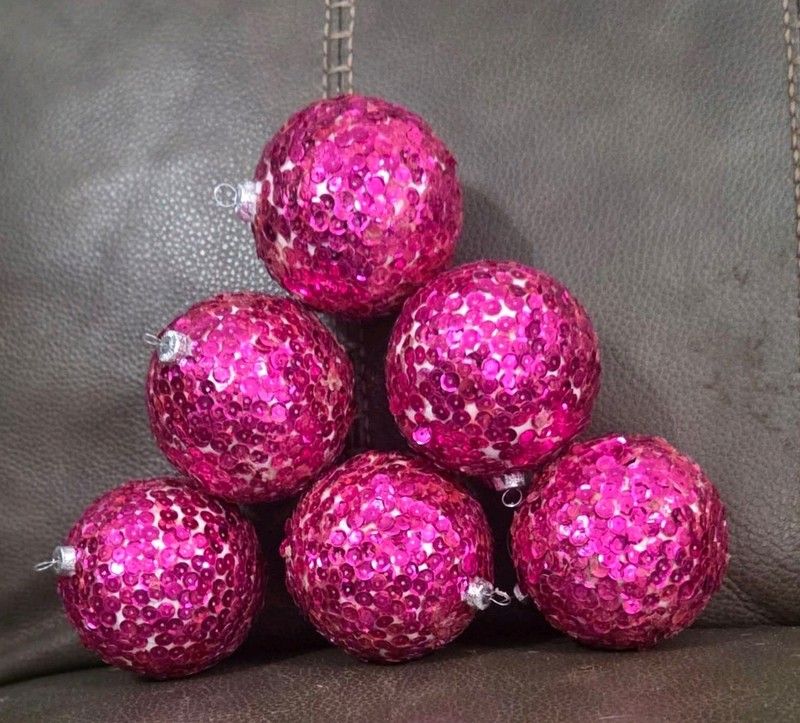 Set of 6 Pink Glitter Round Ball Hanging Christmas Ornaments Plastic