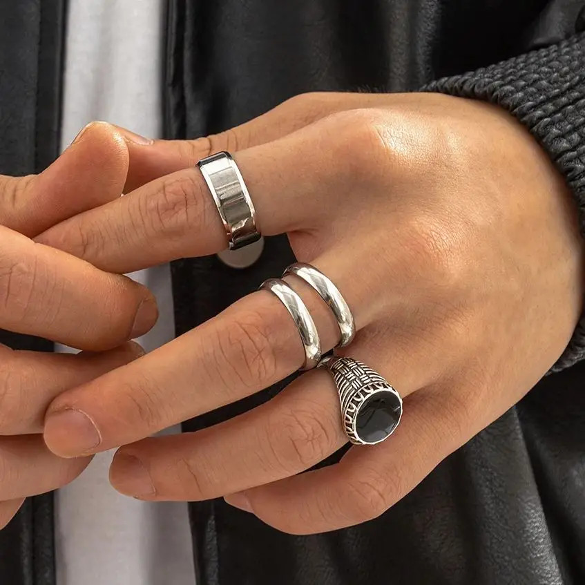 4PCS Ring Set Gothic Vintage Silver Color Geometric Carved Men