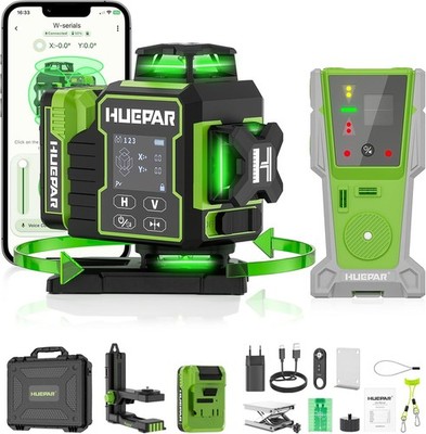 Huepar 4D Laser Level W04CG Empfänger, LCD Motor-Basis, Bluetooth&Pulsmodus