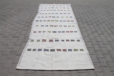 4x11 ft White & Blue Kilim Rug - Handmade Turkish Wool for Timeless Boho Decor