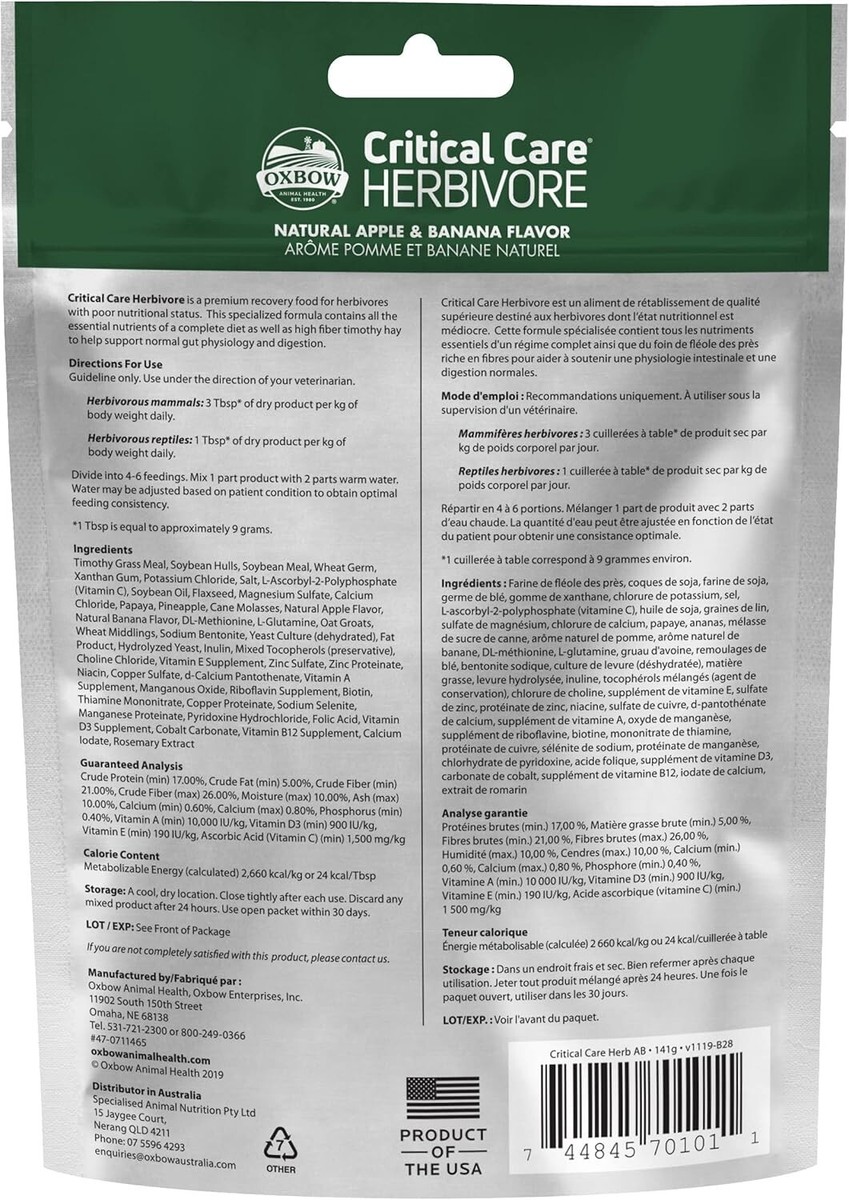 Oxbow Critical Care Herbivore Powder for Pets, Natural Apple
