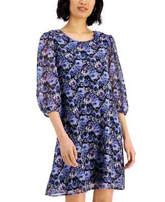 Connected Dress Size 10 Blue Floral Print A-Line Chiffon 3/4 Sleeve NWT