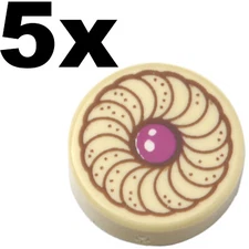 NEW LEGO - Tiles - Round 1x1 - Decorated - Cookie Magenta Center Tan x5 - 10255