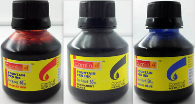 Camel Fountain Pen Ink BLACK BLUE RED Bottles 60 ml oz Camlin