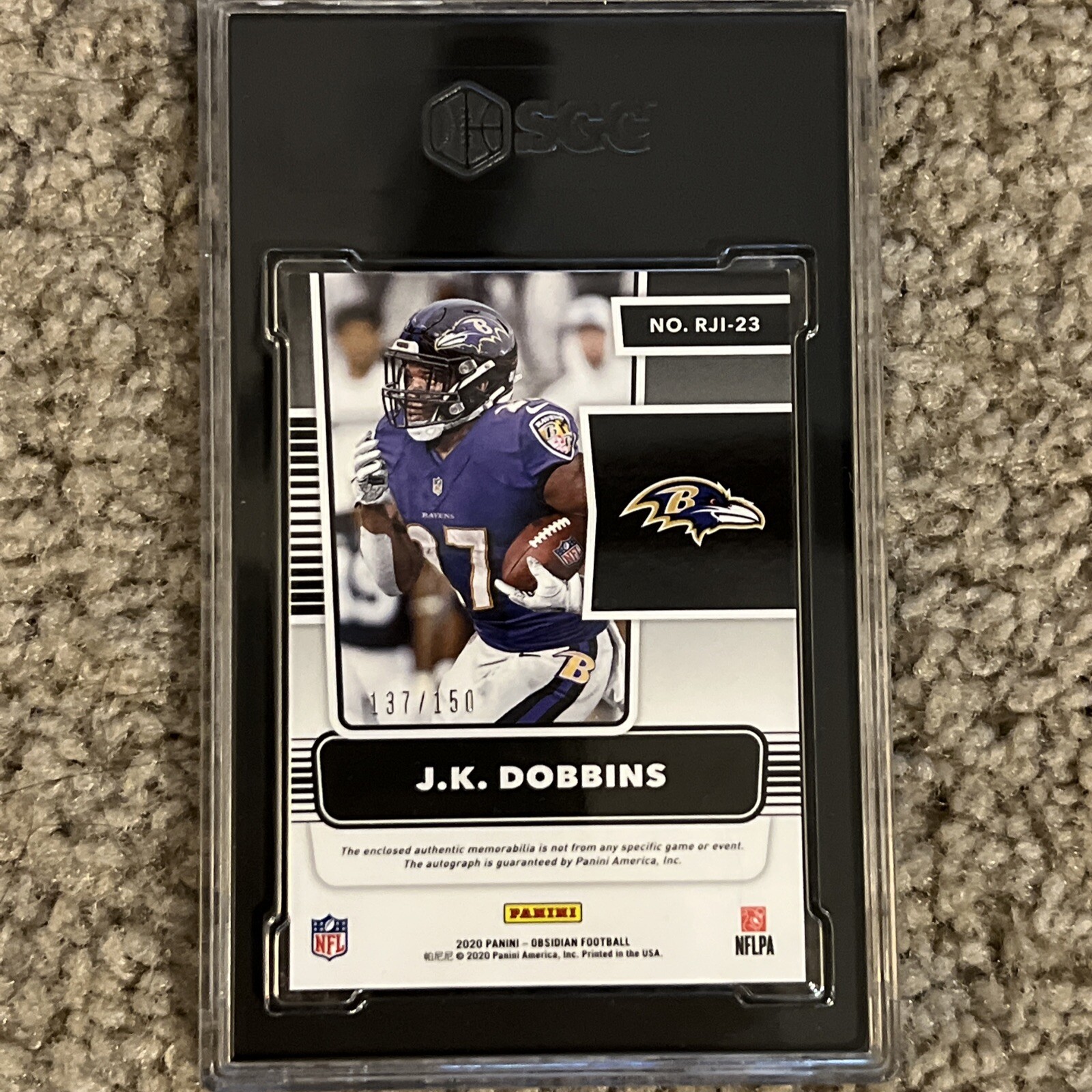 JK Dobbins Rookie Patch Auto Panini Obsidian /150 SGC 9.5 Card 10 Auto