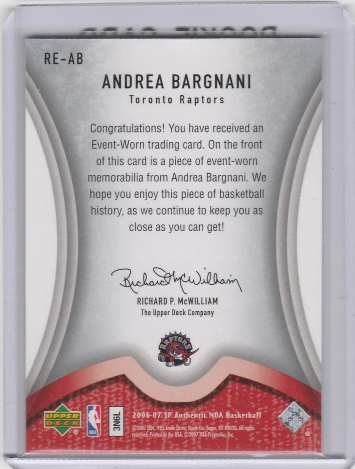 2006-07 SP Authentic Rookie Exclusives Jerseys Card #AB Andrea Bargnani - Image 2 of 2