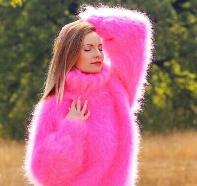 Neon pink hand knitted mohair sweater fuzzy thick warm fluffy jumper ...