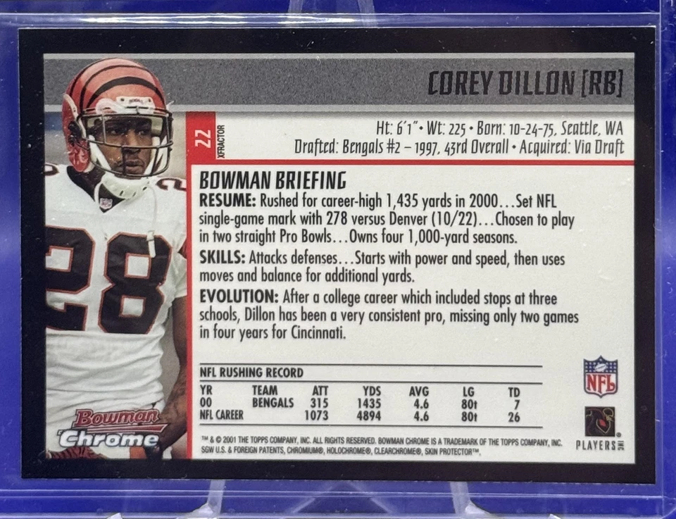 2001 Bowman Chrome Corey Dillon #22 Xfractors Cincinnati Bengals - Image 2 of 2