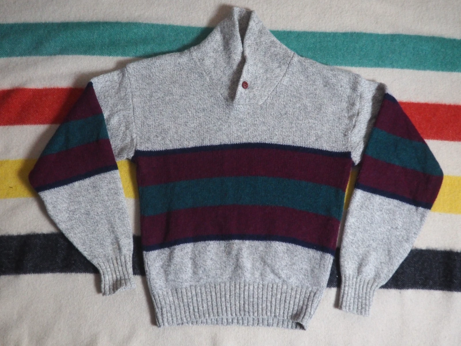 VTG 80s Atlantic Traders Wool Gray Striped Fisherman Lodge Pullover Sweater M