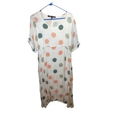 White Gauzy Lg Polka Dot Flowy Midi Dress Pockets Oversized Beachy Crinkle BOHO