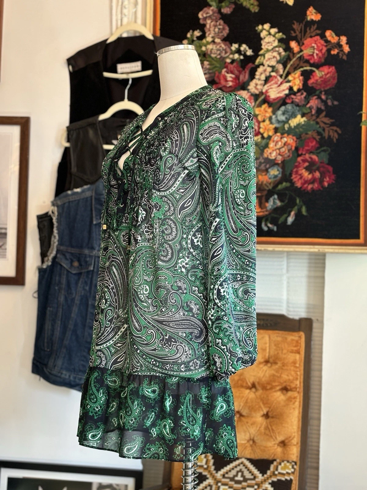 Abito Michael Kors stampa paisley verde trasparente nero copricostume spiaggia taglia XXS S