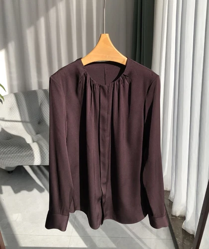 Damen Langarm 100% echte Seide Knopf Rundhals Shirt Bluse Büro Damen OL - Bild 38 von 38