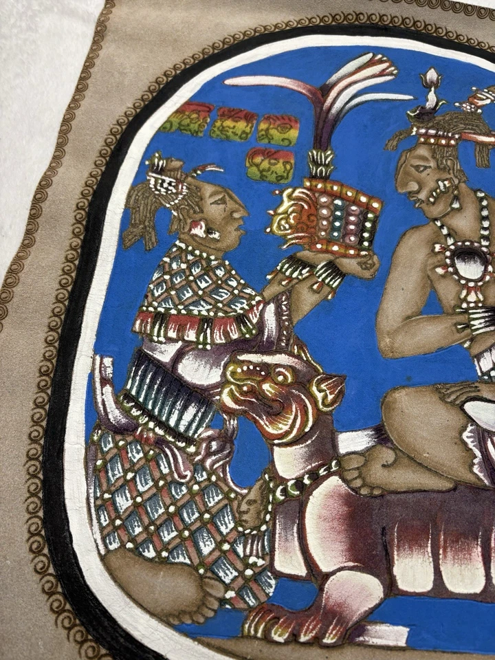 Mayan Mexican Mesoamerican Painting Crowning Of Pacal the Great Embossed Leather - Image 3 of 4