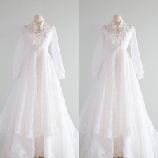 Vintage Long Sleeves Wedding Dresses Lace V Neck 1950s A Line Bridal Gowns