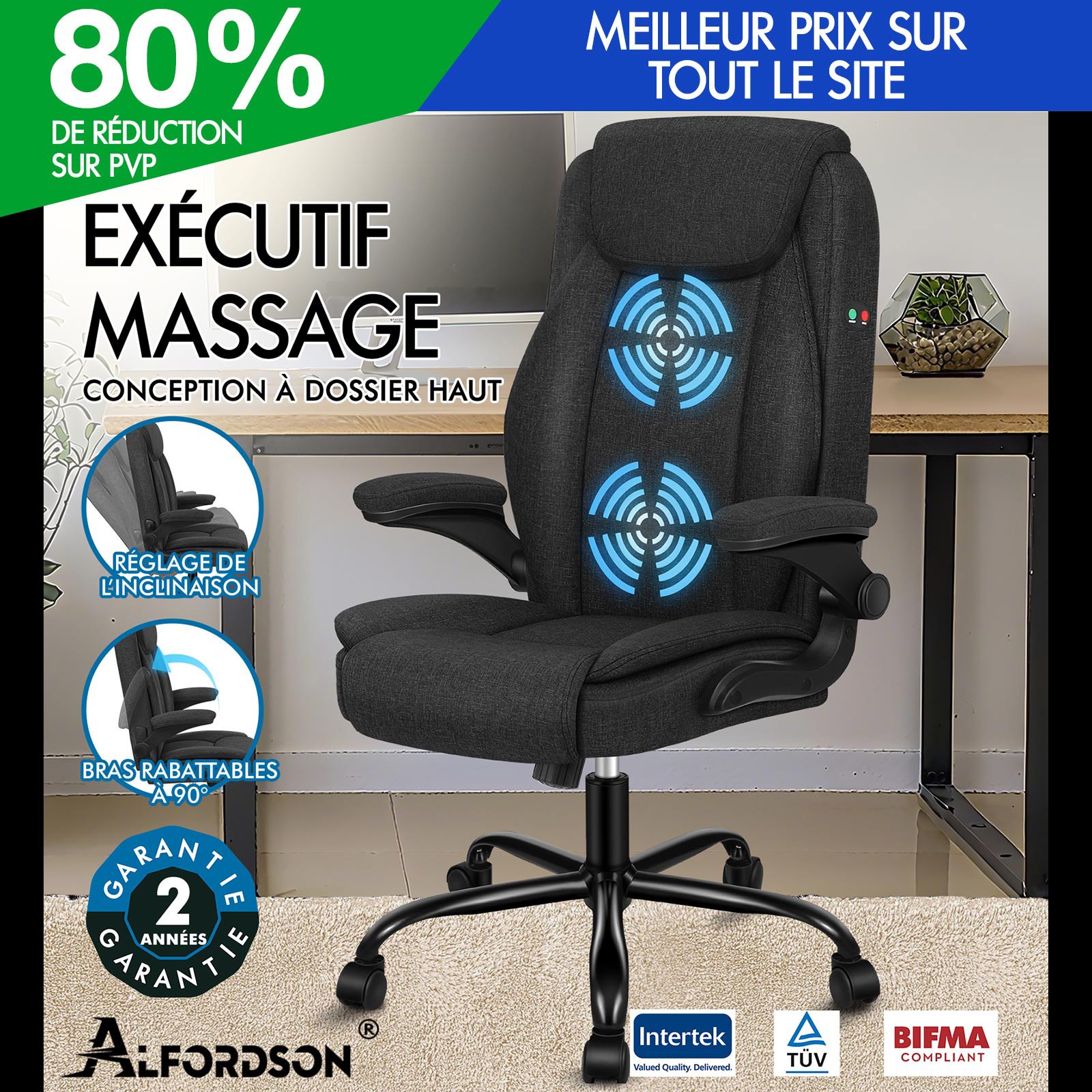 Chaise de direction massante ALFORDSON en tissu haut de gamme pour bureau et ordinateur