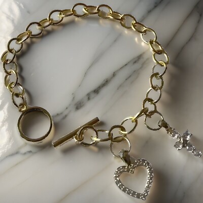 New 7 Inch Heart And Cross Gold Color Bracelet Hurry ! 1 Available